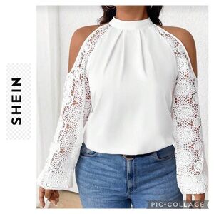 SHEIN Clasi Plus Size Women White lace Long Sleeve blouse size 1XL